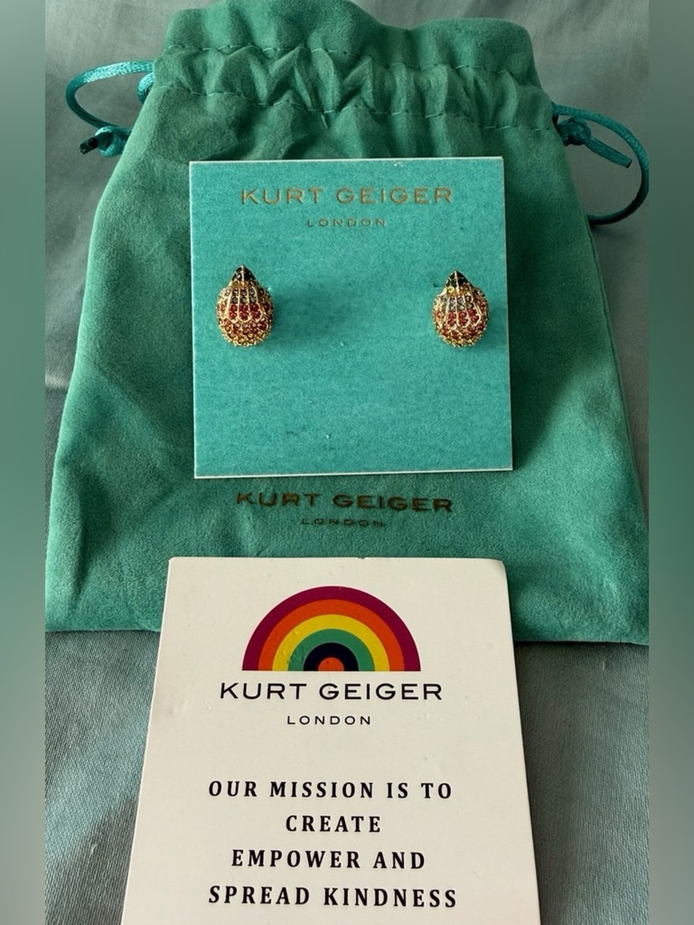 Kurt Geiger NWT Gold Tone Eagle Head Earrings with Rainbow Colored Crystals